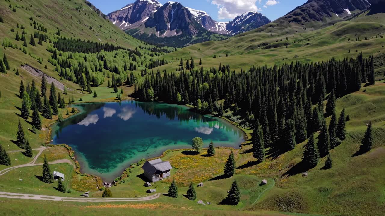 Aerial video of a serene mountain lake surrounded by lush greenery and peaks, capturing the tranquil