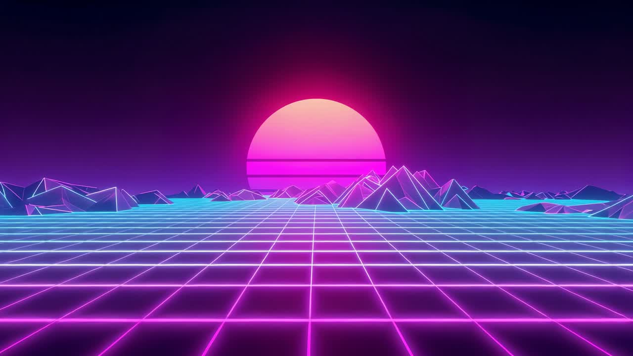 Looping glowing neon sun hovering over magenta grid, cyan wireframe mountains under violet sky