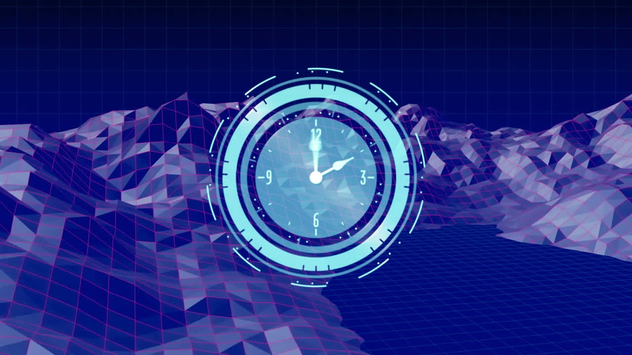 animación de un reloj con manecillas giratorias, sobre un paisaje de cristal púrpura oscuro