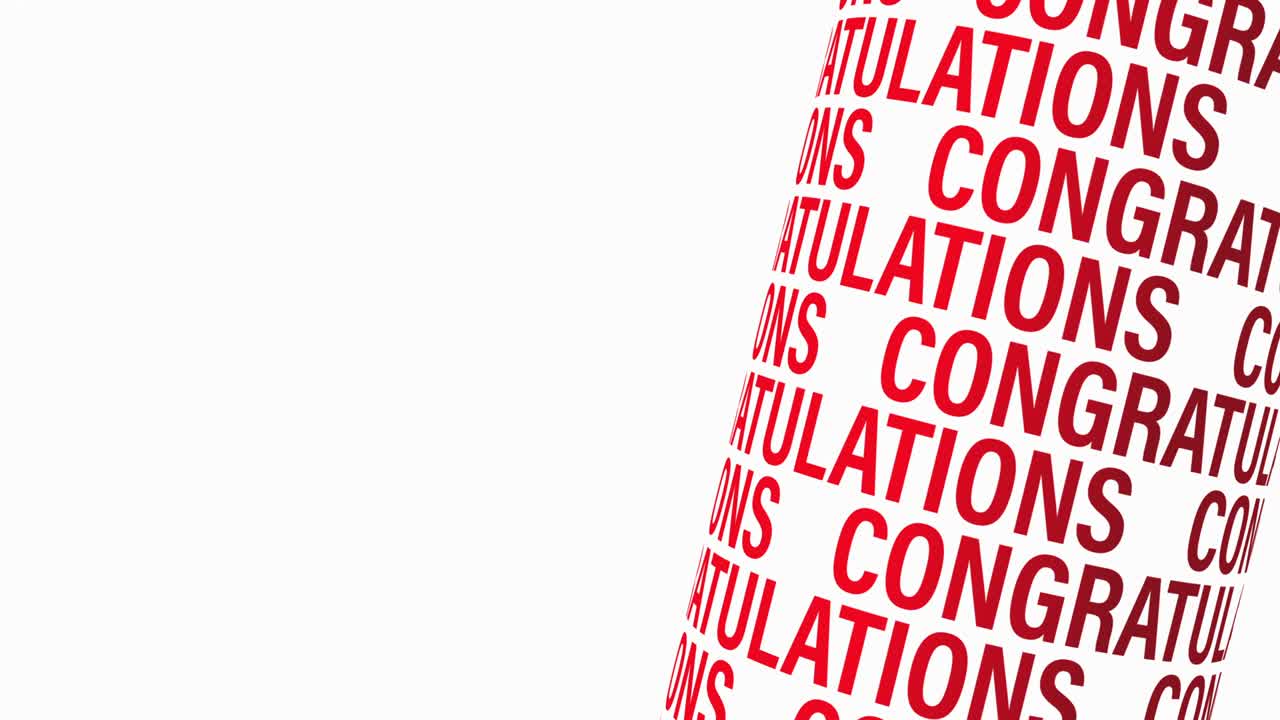 CONGRATULATIONS red color 3D text cylinder kinetic looping motion animation on white background with copy blank white space for your text or artwork. 4K Video title trailer cover animation background.