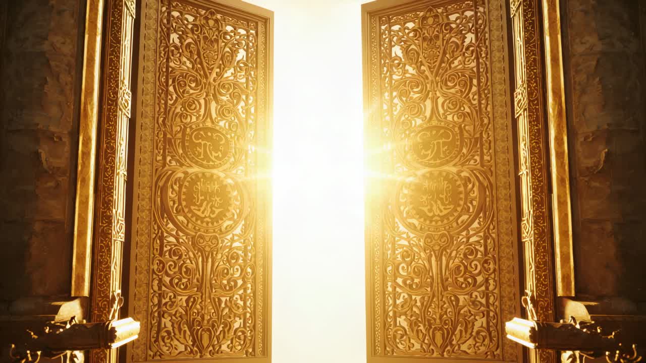 Glimmering light slipping through carved seam causing gilded doors swinging open at palace entrance