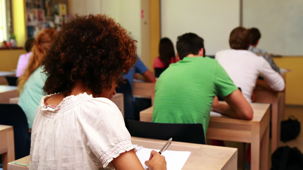 estudiante bonita sonriendo a la cámara durante la clase