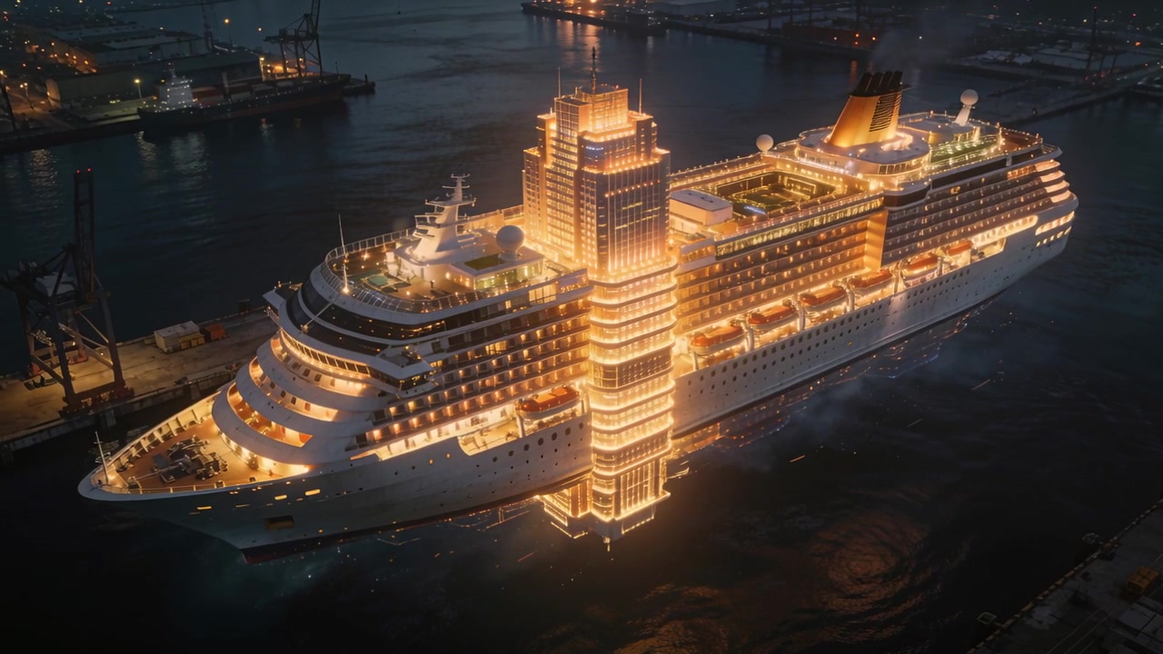 Telecamera aerea che si allontana rivela una grande nave da crociera ormeggiata in un porto di notte, mostrando la passerella illuminata.