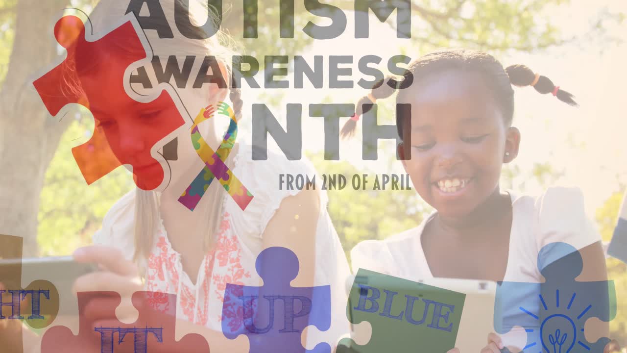 Animation of colourful puzzle pieces and autism text over girls using tablets