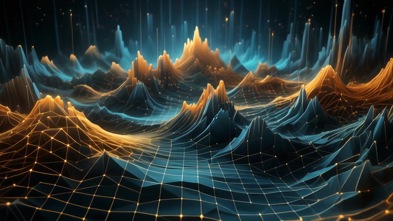 Abstract Digital Landscape with Glowing Data Grid and Mountainous Terrain
