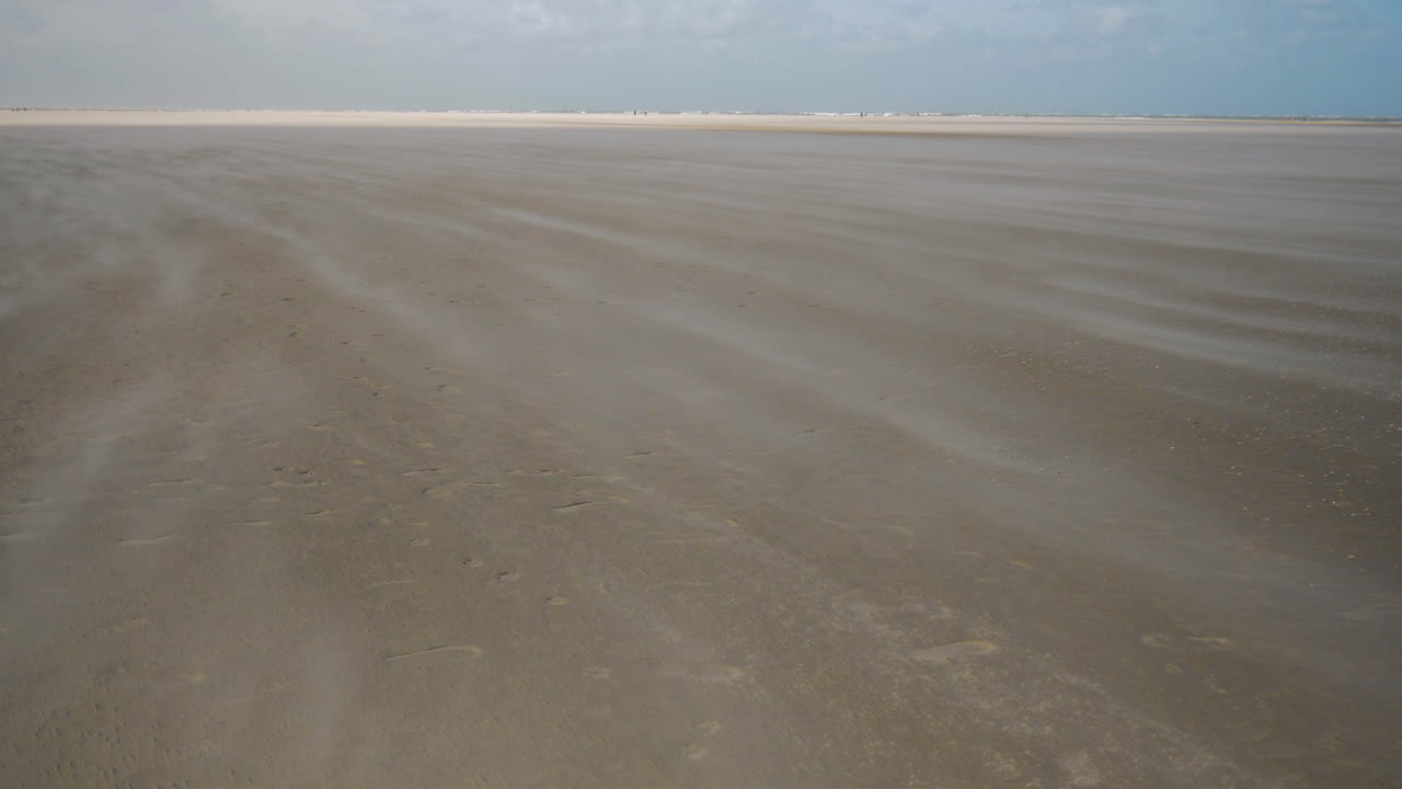 A hard wind is blowing over the beach on a half sunny day, a real sand blasting day at the sea.