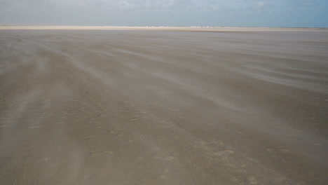 a hard wind is blowing over the beach on a half sunny day, a real sand blasting day at the sea.