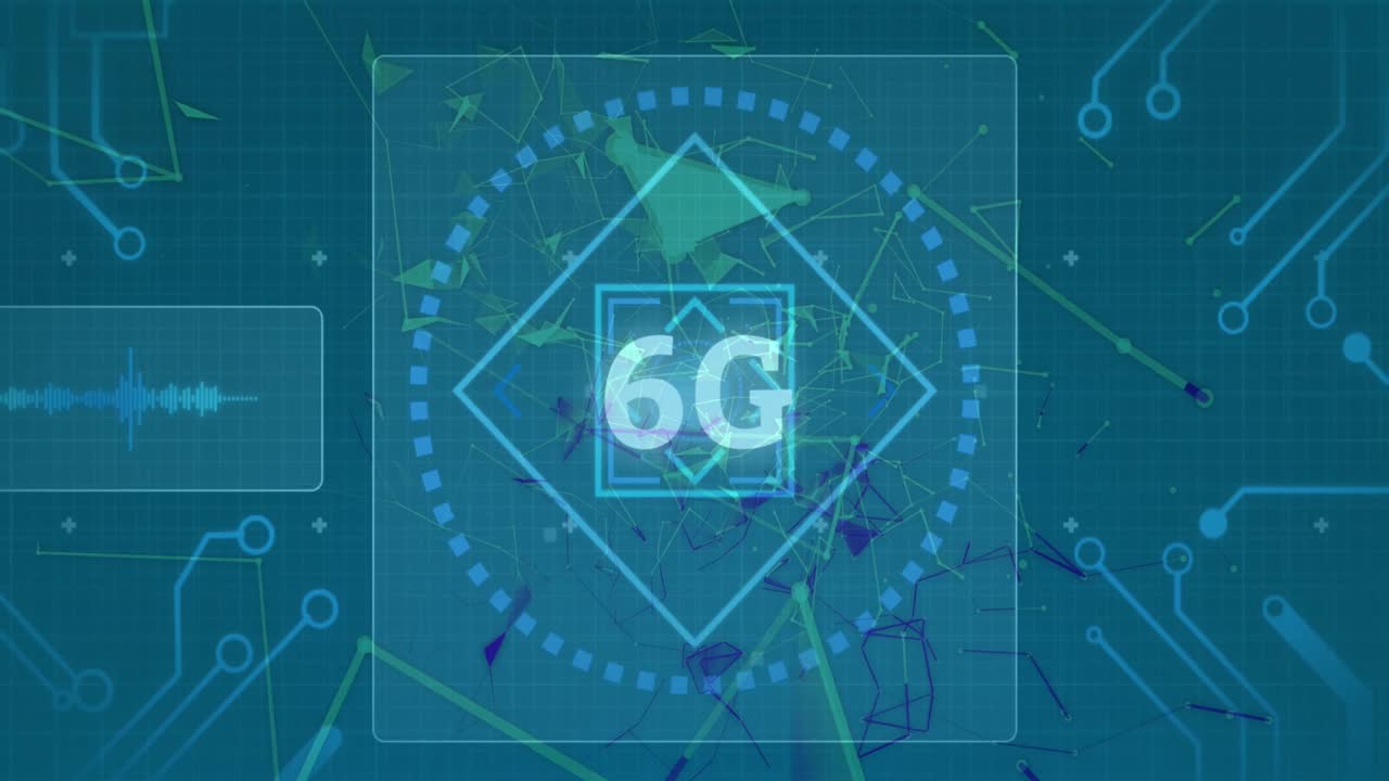 Animation of 6g text and interface with scope and shapes moving on dark green background