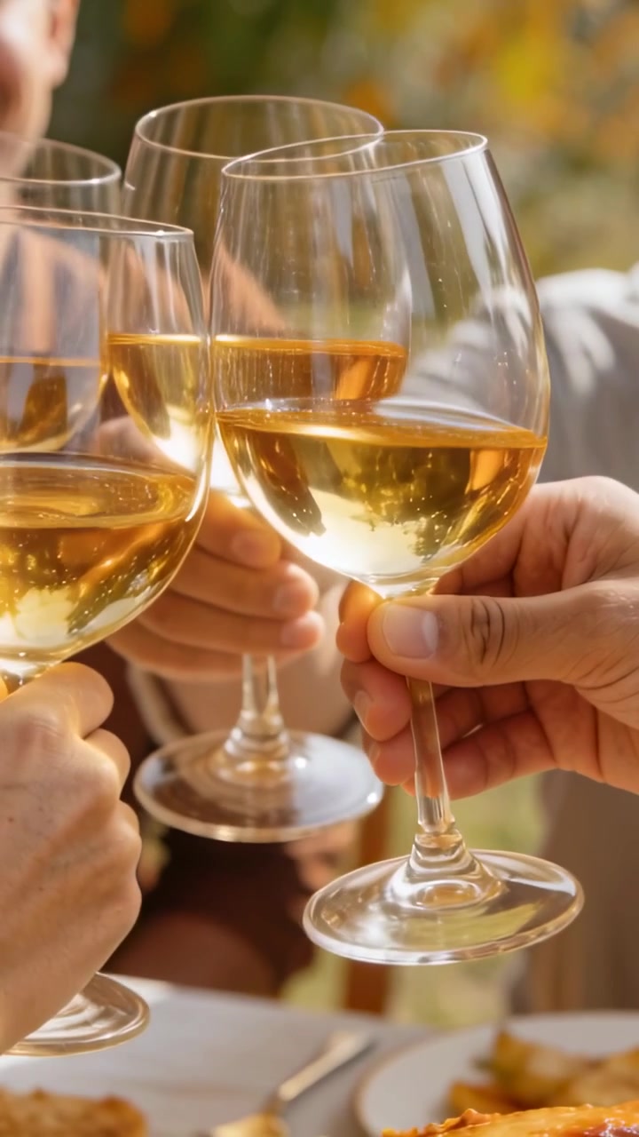 Video verticale: Amici che alzano i calici di vino per iniziare un brindisi, brindando durante un pasto in terrazza, indossando top