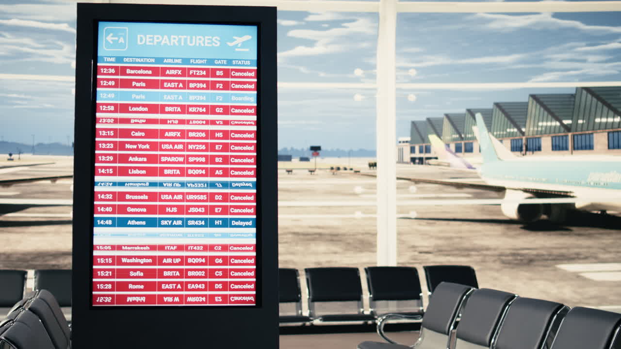 Escena de terminal de aeropuerto vacía con alertas de cancelación y retraso de vuelos.