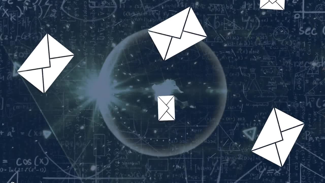 수학 방정식에 대한 연결 네트워크를 통해 여러 메시지 아이콘이 떠 있습니다.