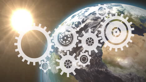 Gears-and-cogs-animation-over-Earth-with-sunlight-in-background