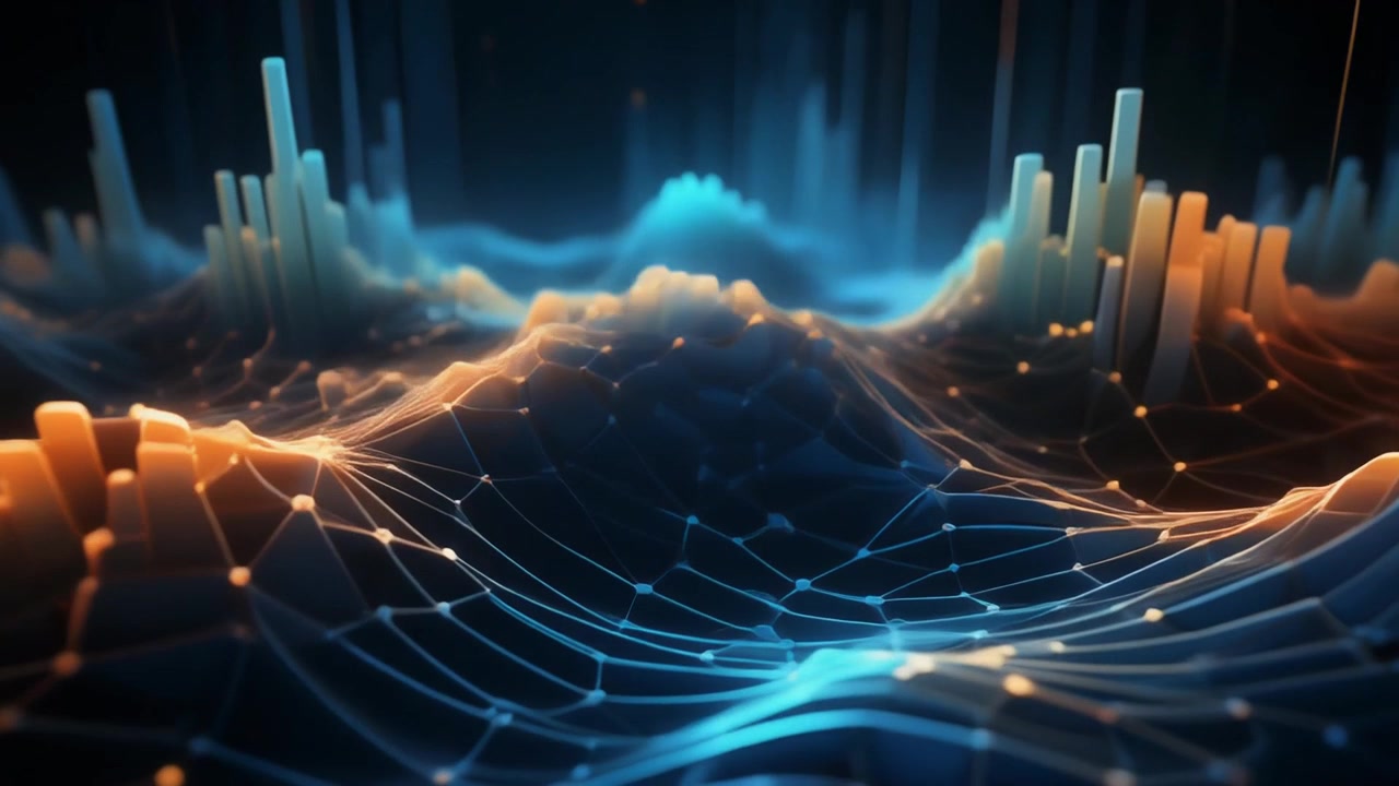 Abstract Digital Data Landscape with Glowing Network Nodes and Bars