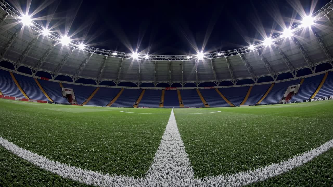 Ripresa video grandangolare di uno stadio vuoto di notte, che si concentra sul campo illuminato e sulle tribune.