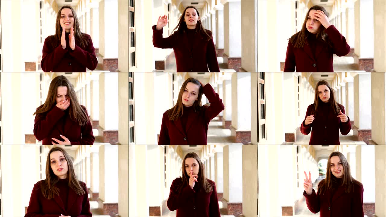 한 소녀가 미소 짓고, 손을 흔들고, 승리의 표시를 보여주고, 엄지손가락을 올리고, 기침하는 콜라지 초상화