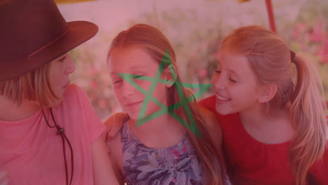 niños hablando y sonriendo con la animación de la bandera de marruecos por encima de ellos