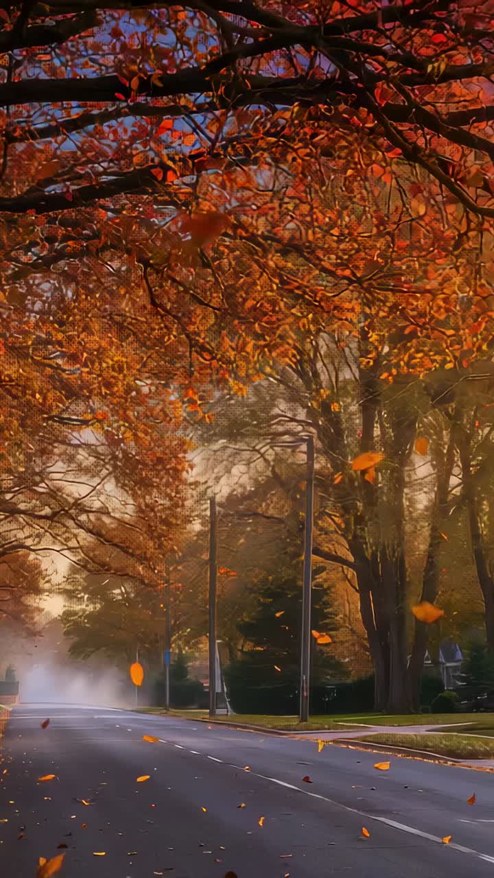 Vertical video: Wind-swaying hanging tree shedding orange leaves onto two-lane road, mist stirring
