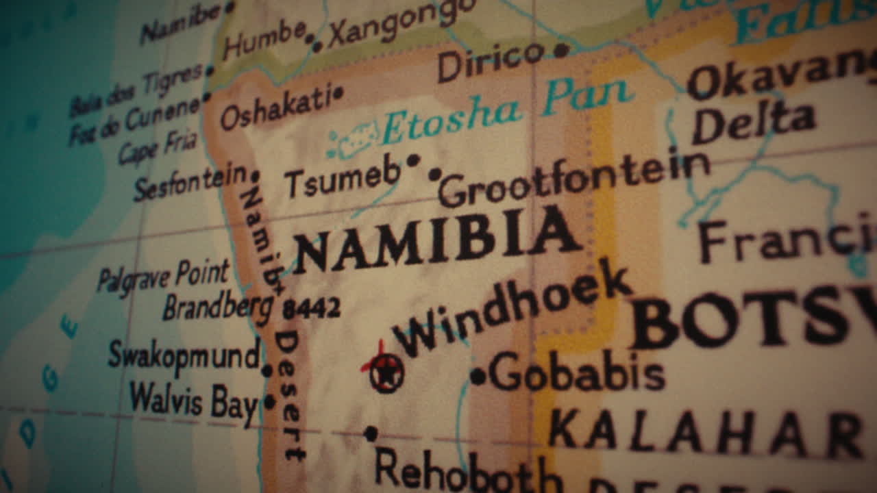 Close-up view of Namibia on a world map