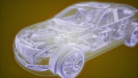 엔진이 있는 3d 와이어프레임 자동차 모델의 홀로그래픽 애니메이션