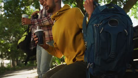 dos felices amigos de raza mixta bebiendo café en el parque con mochilas
