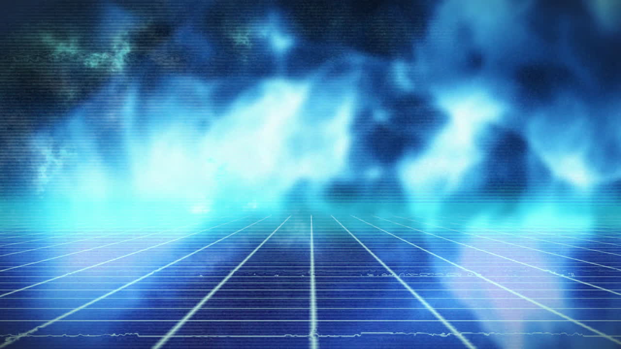 Neon grid floor being visualized in retro-futuristic 3D render, with glowing mist scan-lines