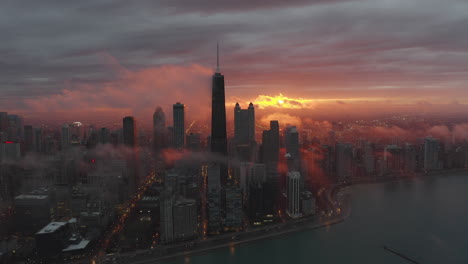 Aerial-view-of-downtown-Chicago-with-dramatic-sunset