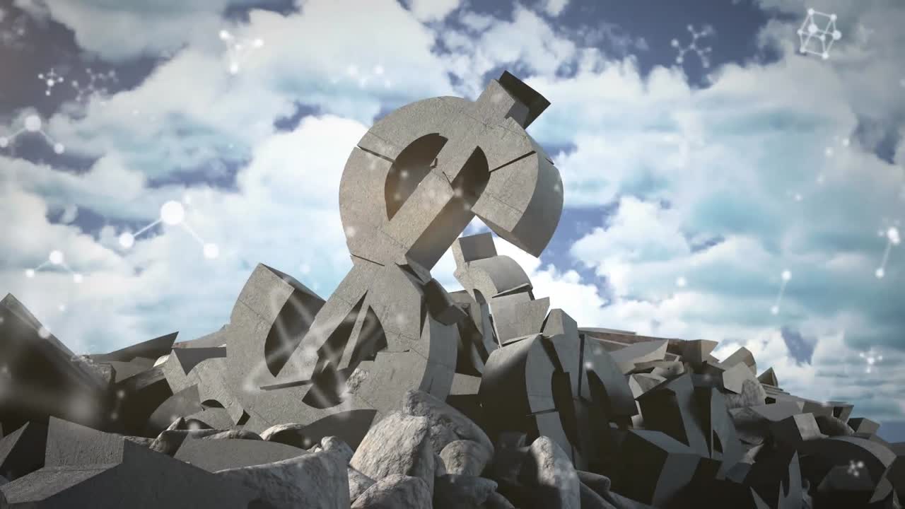 파란 하늘의 구름에 대한 부서진 달러 통화 기호 위에 떠다니는 분자 구조