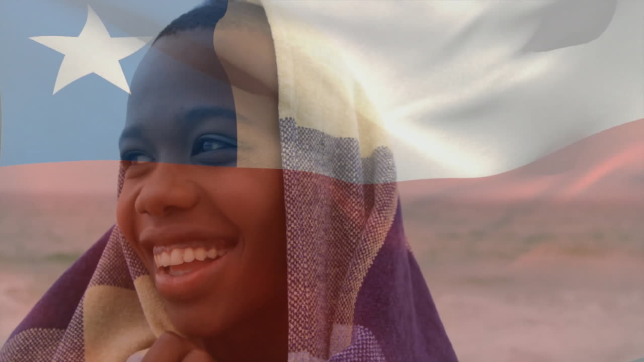 Colorful fabric overlaying desert landscape with person smiling in animation style