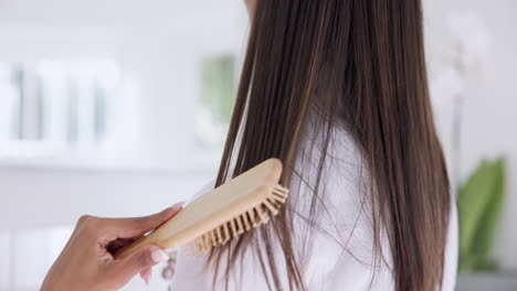 hair, brush and woman in bathroom with beauty