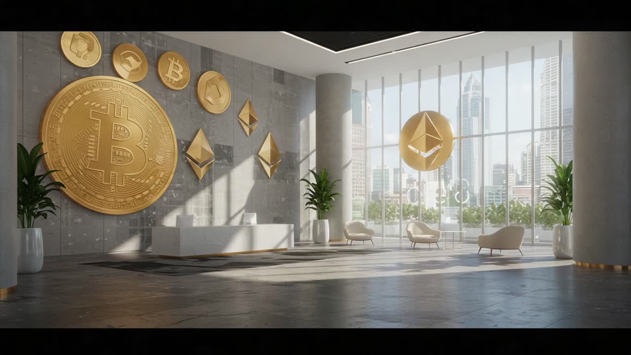 A Modern Crypto Lounge Featuring Iconic Cryptocurrency Symbols and a Bright Urban View, Blending Aesthetics with the Digital Currency Revolution