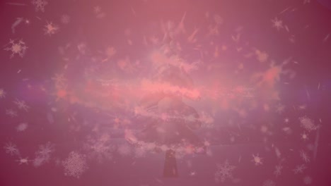 copos de nieve flotando sobre una estrella fugaz girando alrededor de un árbol de navidad sobre un fondo rojo