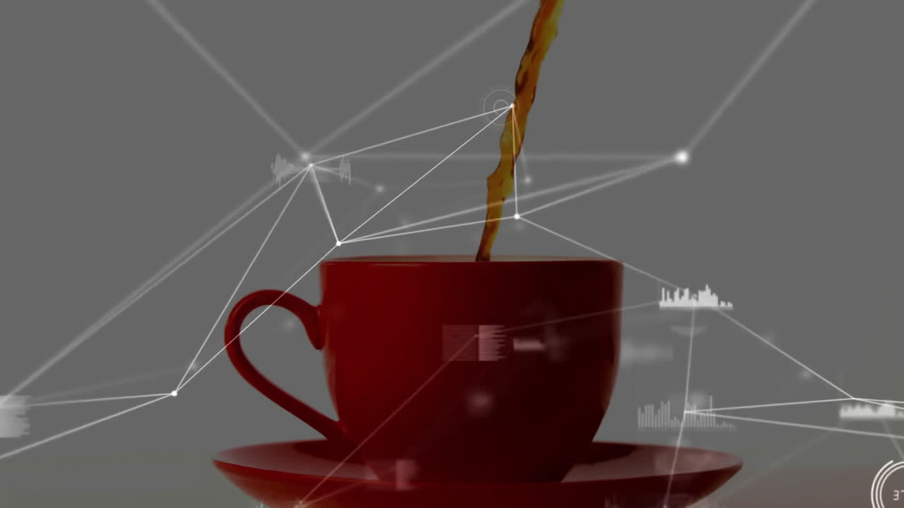 Pouring steaming coffee into red ceramic cup while network lines and nodes floating in flat design