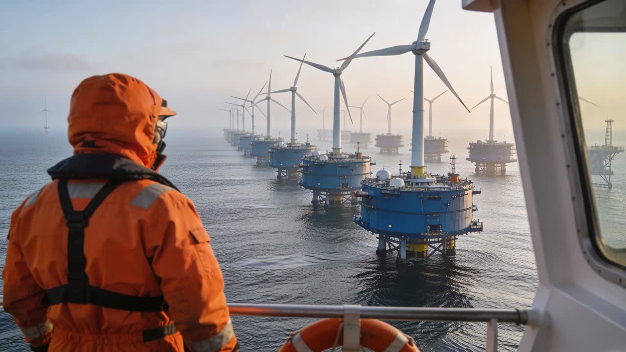 Besætningsmedlem i orange dragt og sele ved rælingen, mens fartøjet nærmer sig turbiner under transit.