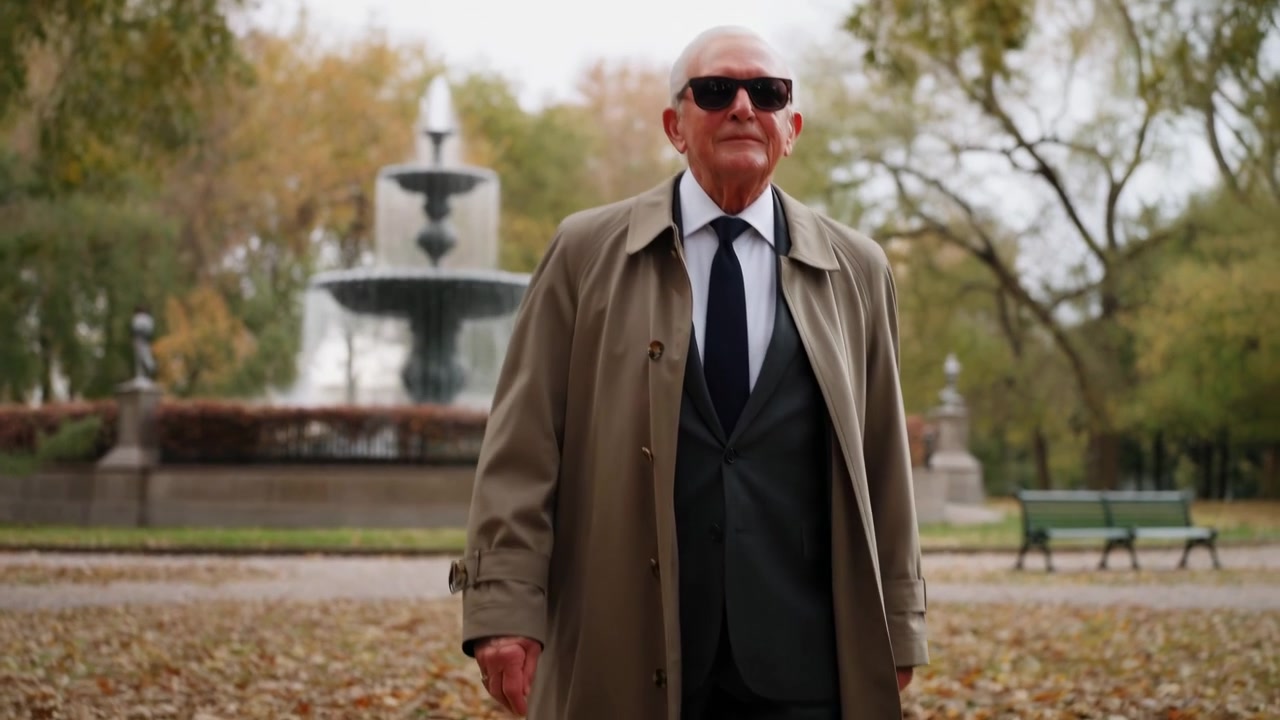 Front-facing view follows an older man approaching through a leaf-covered park, with sunglasses, formal clothing, bare trees, green benches, and tiered fountain in soft daylight.