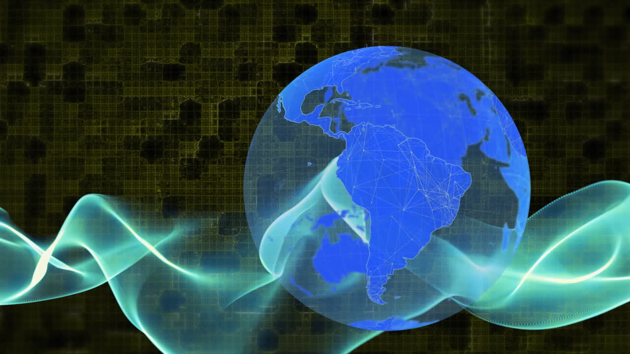 анимация синего глобуса и световых следов по сети на черном