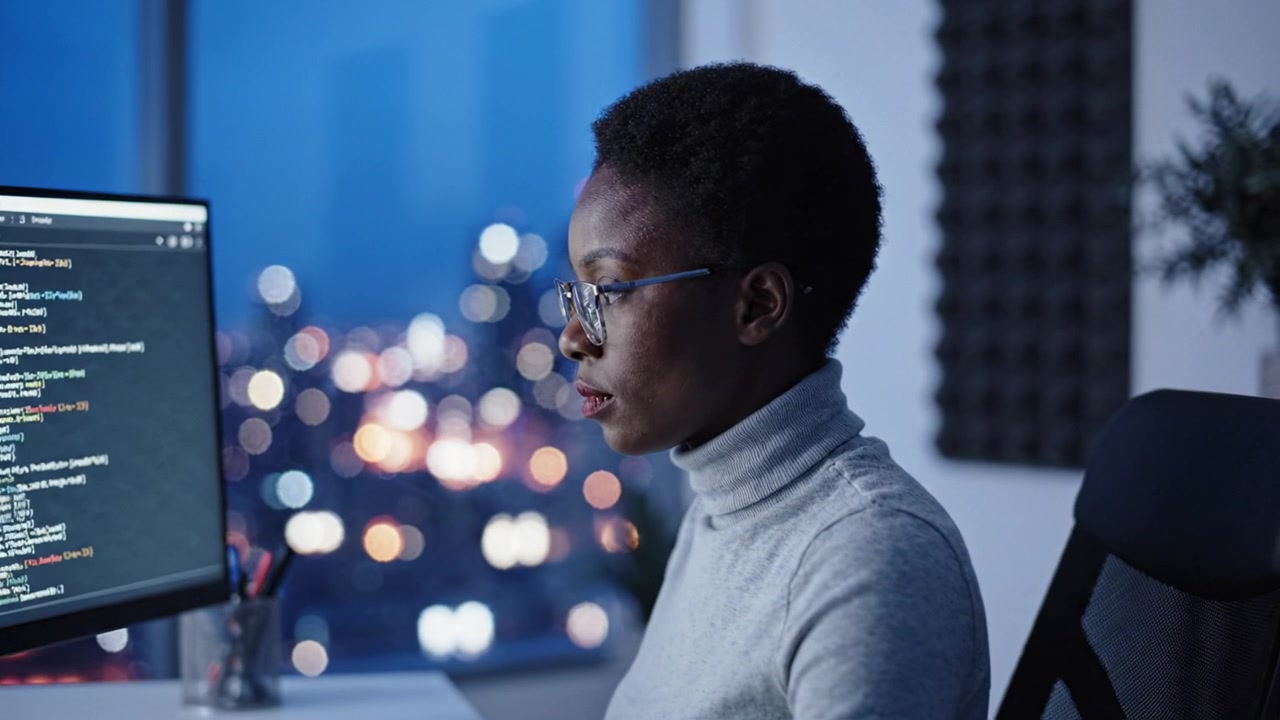 Focused Programmer Working Late at Night on a High-Tech Computer with Code on Display and City Lights in the Background Illuminating the Workspace