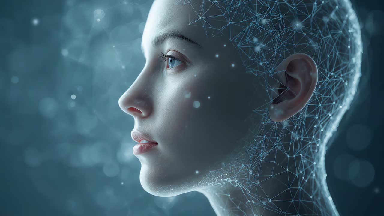 Reazione alla sovrapposizione mesh che appare, testa IA che chiude le palpebre in un fantastico studio, con particelle bokeh
