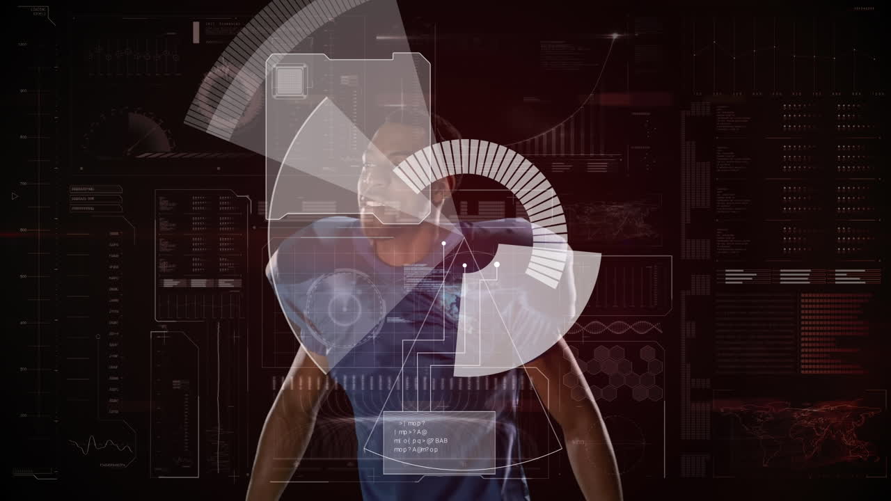 animación del procesamiento de datos sobre un jugador de rugby afroamericano que se quita el casco