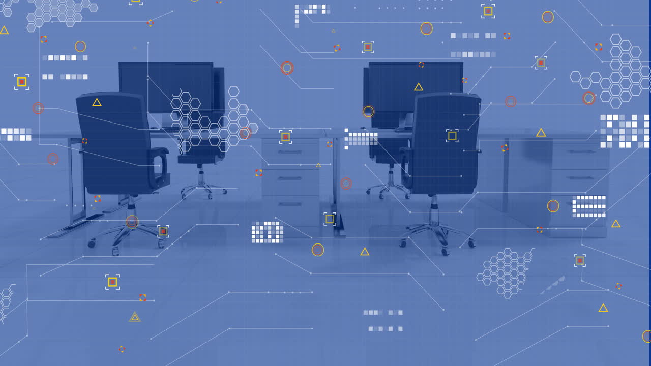 Animation of financial data processing over office with computers on desks