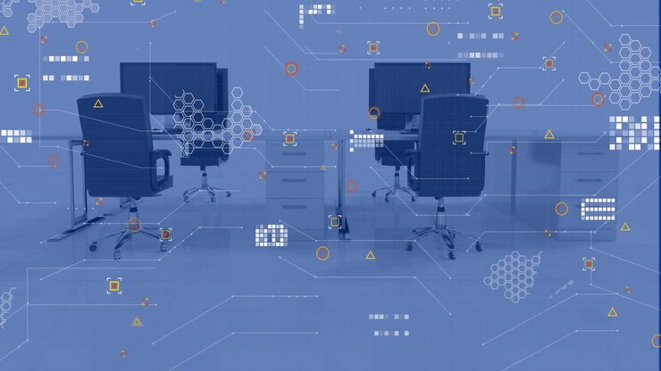 Animation of financial data processing over office with computers on desks