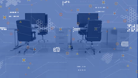 animación del procesamiento de datos financieros en la oficina con computadoras en los escritorios