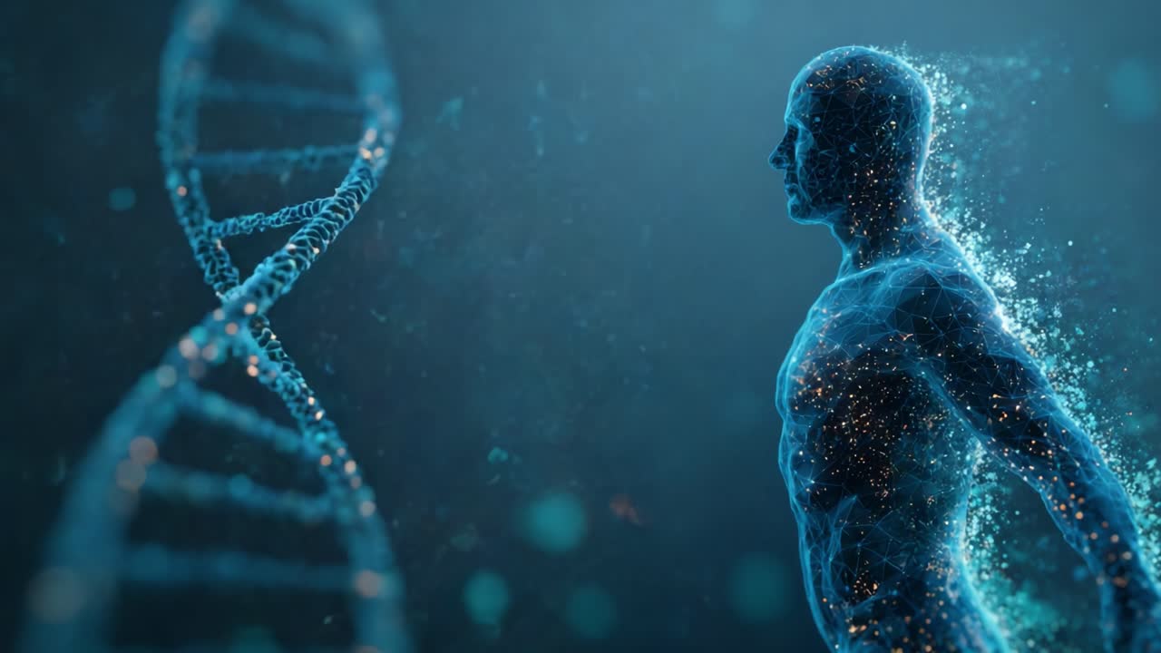 Una Fusione Accattivante di Essenza Umana e DNA: Esplorando la Connessione Tra Biologia e Identità attraverso Visualizzazioni Eteree.