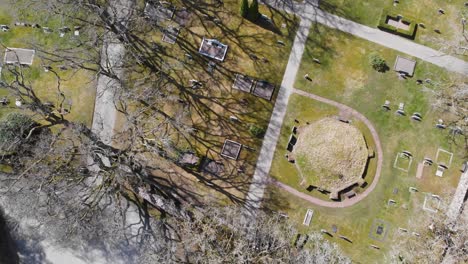 Quiet-graveyard-under-bare-trees-in-a-sunny-day