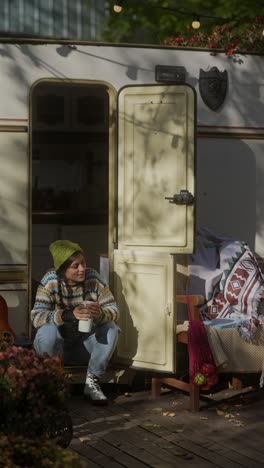 woman enjoying coffee outdoors near a camping trailer