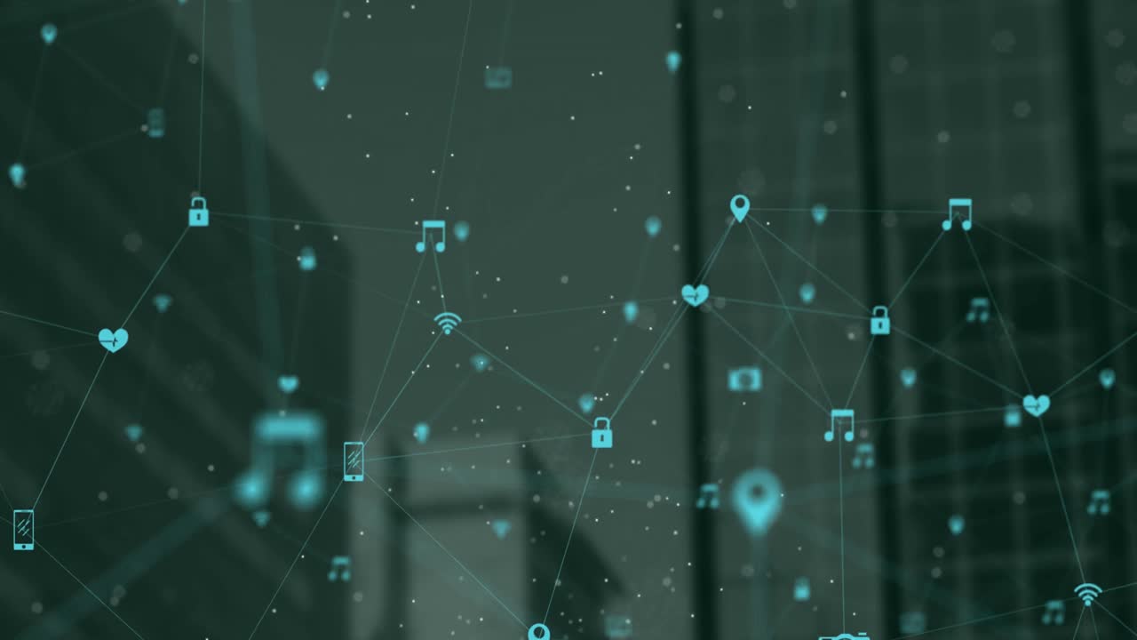Animation of network of digital icons against tall buildings