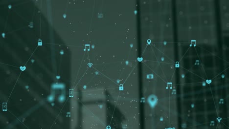 animation of network of digital icons against tall buildings