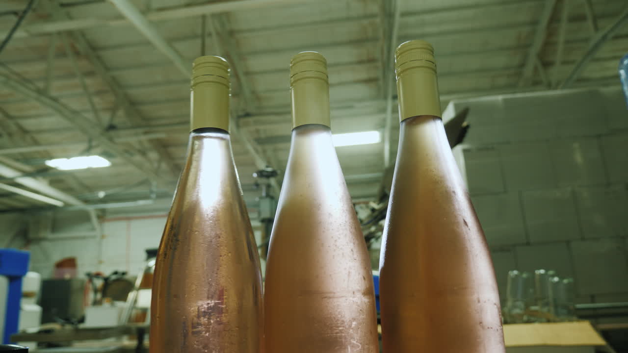 코르크 스토퍼로 닫힌 와인 병은 위에서 컨베이어 벨트 보기를 따라 이동합니다.