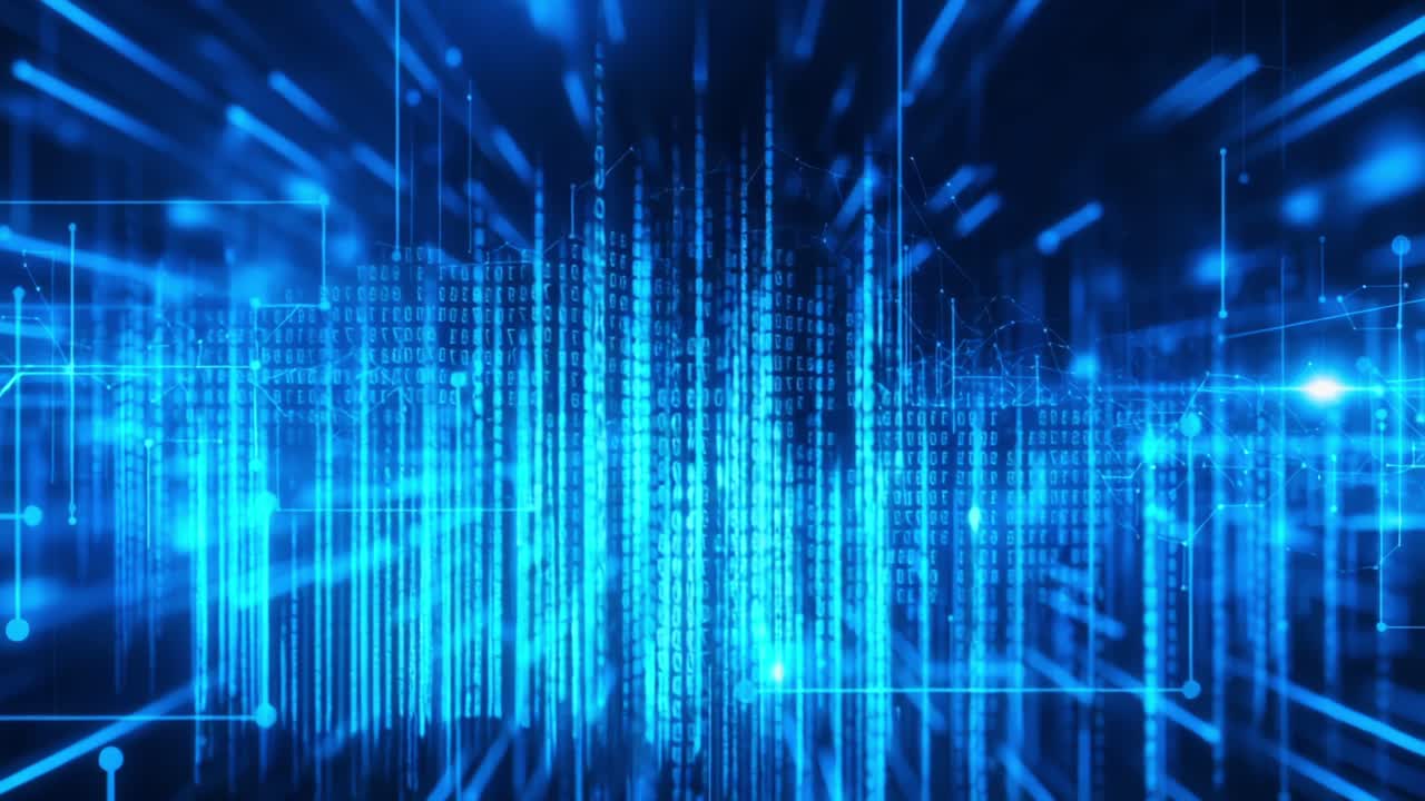 Dynamic Digital Visualization of Data Streams and Binary Code Representations in a High-Tech Blue Environment Projecting Information Flow