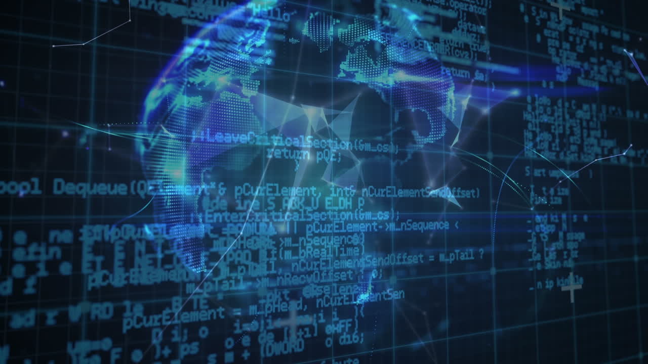 Animation of network of connections, globe and data processing in digital space