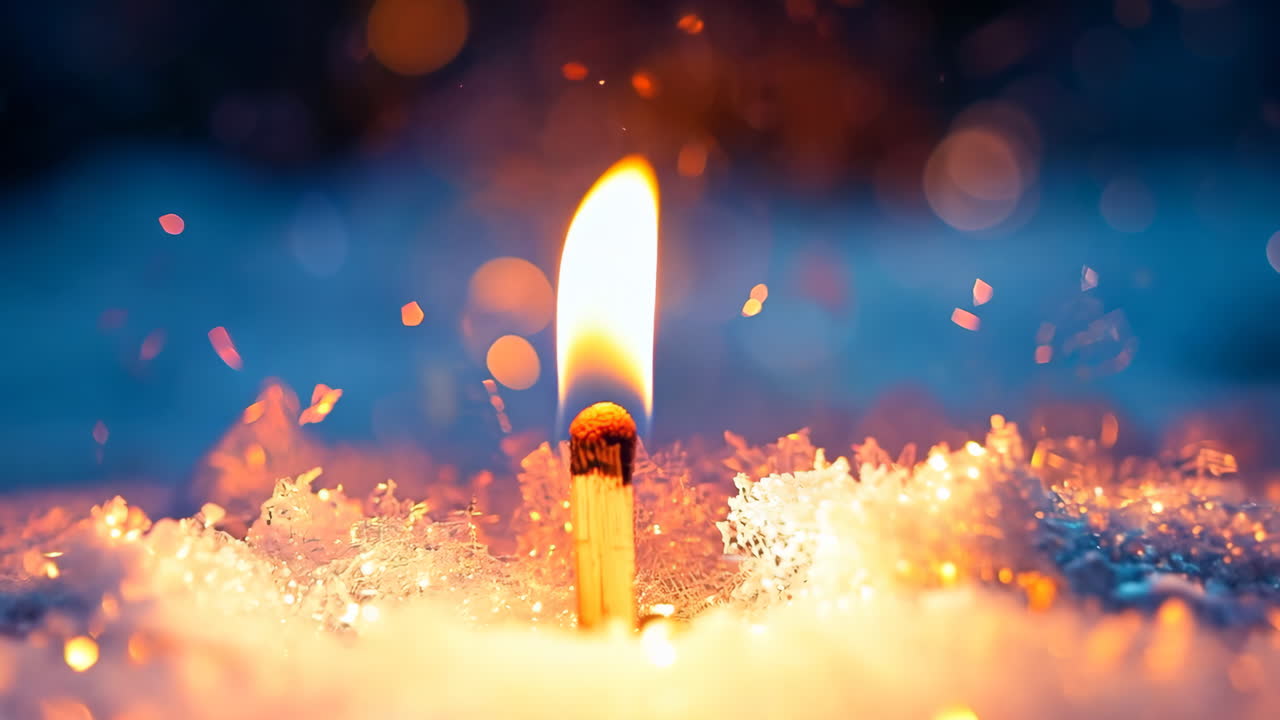 Match Flame Illuminating Snow During Winter Evening. A single match burns brightly against a backdrop of fresh snow under evening light.
